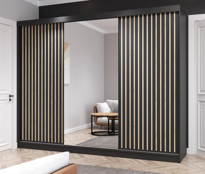 Fhi Kingston 250Cm Black Sliding Door Wardrobe Modern Bedroom Storage With Full Length Mirror Shelves And Hanging Rails - image 1