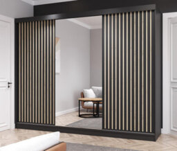 Fhi Kingston 250Cm Black Sliding Door Wardrobe Modern Bedroom Storage With Full Length Mirror Shelves And Hanging Rails