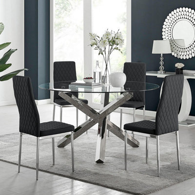 Furniturebox Uk Vogue Large Round Chrome Metal Clear Glass Dining Table And 4 Black Milan Dining Chairs Set - image 1