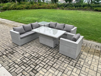 Fimous Rattan Garden Funiture Set Adjustable Rising Lifting Table Sofa Dining Set With Arm Chair And Side Table - image 1