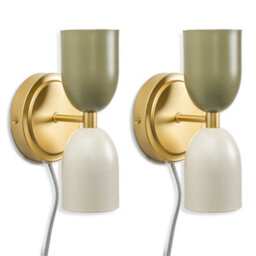 Valuelights Tate Pair Of - Plug In Gold Up & Down Easy Fit Wall Lights With Khaki / Cream Shades - Bulbs Included