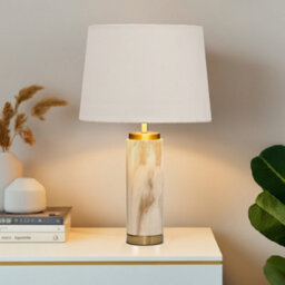 Lighting Supermarket Cylinder Cream Marble Effect Table Lamp With White Gold Lined Shade - thumbnail 3