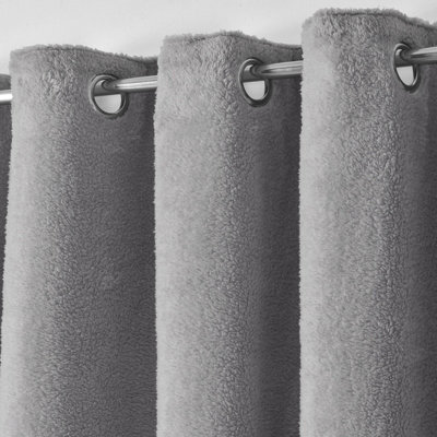 Velosso Teddy Fleece Lined Thermal Curtains - Ring Top, Energy-Saving, Warm And Cosy Fleece Curtains - Machine Washable - Grey