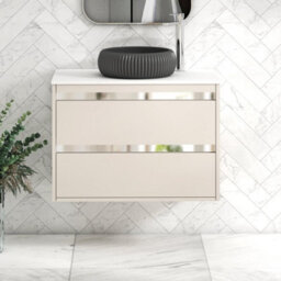 Royal Bathrooms Orion 800mm Warm Taupe Wall Hung Plain White Countertop Vanity Unit 2 Drawer With Milan Black Basin & Chrome Accent Trim - thumbnail 2