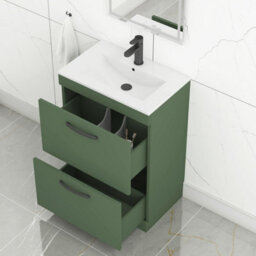 Royal Bathrooms Turin 600mm Floor Standing Vanity Unit Matt Green 2 Drawer Minimalist Basin With Matt Black Handles - thumbnail 5