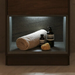Homestylestore Dark Oak 600mm Led Lit Bathroom Vanity Unit Rectangular Graphite Basin Open Shelf - thumbnail 3