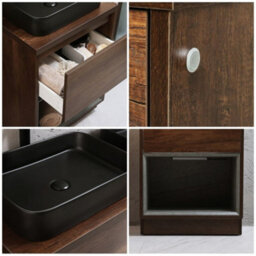 Homestylestore Dark Oak 600mm Led Lit Bathroom Vanity Unit Rectangular Graphite Basin Open Shelf - thumbnail 2