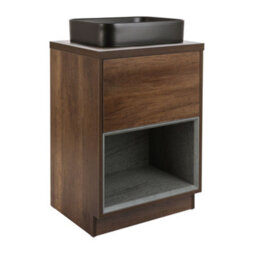 Homestylestore Dark Oak 600mm Led Lit Bathroom Vanity Unit Rectangular Graphite Basin Open Shelf