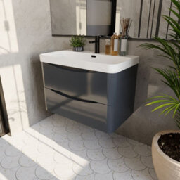 Balterley Dunwood Modern Bathroom Wall Hung 2 Drawer Vanity Unit & Ceramic Basin, Dark Grey, 800mm - thumbnail 4