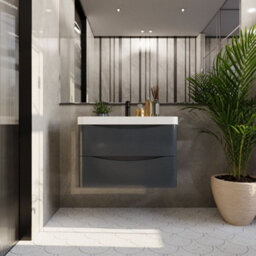 Balterley Dunwood Modern Bathroom Wall Hung 2 Drawer Vanity Unit & Ceramic Basin, Dark Grey, 800mm - thumbnail 2