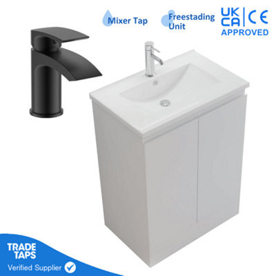 GravaHaus 600mm Freestanding Bathroom Vanity Unit With Basin Black Round Tap & Waste - image 1