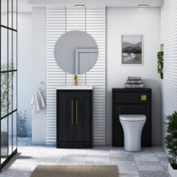 Royal Bathrooms Livora 500mm Black Woodgrain Floor Standing Vanity Unit 2 Door With Mid-Edge Basin & Brushed Brass Handle - thumbnail 3