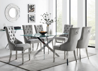 Furniturebox Uk Leonardo Glass And Chrome Metal Dining Table And 6 Elephant Grey Belgravia Velvet Knockerback Chairs - image 1