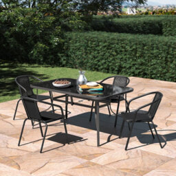 Living And Home Set Of 5 Black 4 Seater Garden Furniture Set Patio Glass Rectangular Umbrella Table And Stackable Chairs Set 150 Cm - thumbnail 1