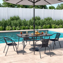 Living And Home Set Of 5 Black 4 Seater Garden Furniture Set Patio Glass Rectangular Umbrella Table And Stackable Chairs Set 150 Cm - thumbnail 2