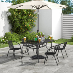 Living And Home Set Of 5 Black 4 Seater Garden Furniture Set Patio Glass Rectangular Umbrella Table And Stackable Chairs Set 150 Cm - thumbnail 3