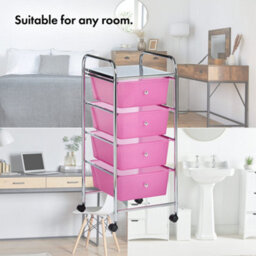 Vonhaus Storage Trolley, 4 Drawer Pink Wheeled Makeup Trolley, Durable Plastic Storage Drawers, Chrome Frame, Versatile Organiser - thumbnail 3