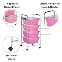 Vonhaus Storage Trolley, 4 Drawer Pink Wheeled Makeup Trolley, Durable Plastic Storage Drawers, Chrome Frame, Versatile Organiser - thumbnail 2