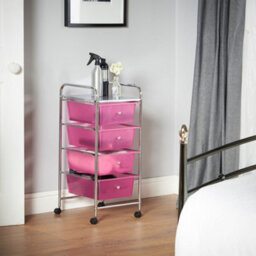 Vonhaus Storage Trolley, 4 Drawer Pink Wheeled Makeup Trolley, Durable Plastic Storage Drawers, Chrome Frame, Versatile Organiser - thumbnail 6
