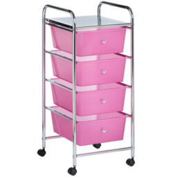 Vonhaus Storage Trolley, 4 Drawer Pink Wheeled Makeup Trolley, Durable Plastic Storage Drawers, Chrome Frame, Versatile Organiser
