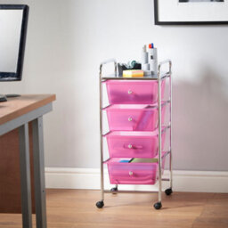 Vonhaus Storage Trolley, 4 Drawer Pink Wheeled Makeup Trolley, Durable Plastic Storage Drawers, Chrome Frame, Versatile Organiser - thumbnail 5
