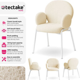 Tectake Set Of 2 Dining Chair - Bouclé Cover, Plush Padding, High Backrest  - Cream - thumbnail 2