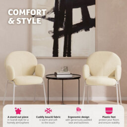 Tectake Set Of 2 Dining Chair - Bouclé Cover, Plush Padding, High Backrest  - Cream - thumbnail 3