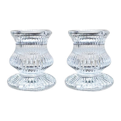 Clear Glass Candlestick Holder 6Cm - Ribbed Design (Set Of 2) - image 1
