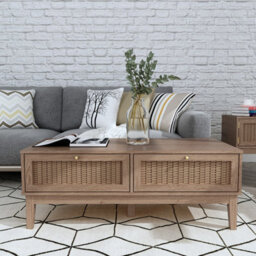 LPD Bordeaux Rattan Oak Coffee Table - Boho Chic With Luxe Gold Accents