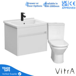Vitra 600mm Wall Hung Bathroom Vanity Unit With 1 Drawer Includes Basin, Black Tap And Close Coupled Toilet Set - White Gloss - thumbnail 1