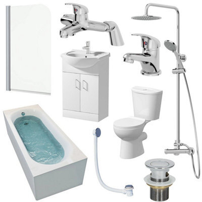 Affine Bathroom Suite 1700mm Single Ended Bath Screen Toilet Basin Vanity Taps Shower - image 1