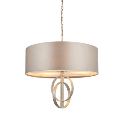 Antique Silver Ceiling Pendant Light & Mink Satin Shade - 3 Bulb Hanging Fitting - image 1