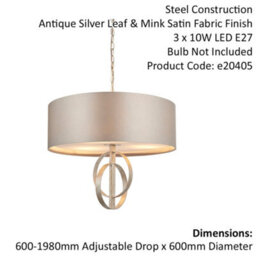 Antique Silver Ceiling Pendant Light & Mink Satin Shade - 3 Bulb Hanging Fitting - thumbnail 2