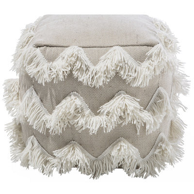 Beliani Square Pouffe Beige Cotton-Wool Blend With Golden Thread And Triangle Tassels - 45Cm - image 1