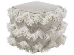 Beliani Square Pouffe Beige Cotton-Wool Blend With Golden Thread And Triangle Tassels - 45Cm - thumbnail 3