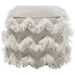 Beliani Square Pouffe Beige Cotton-Wool Blend With Golden Thread And Triangle Tassels - 45Cm - thumbnail 1