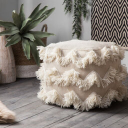 Beliani Square Pouffe Beige Cotton-Wool Blend With Golden Thread And Triangle Tassels - 45Cm - thumbnail 2