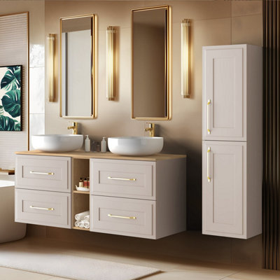 Heze Furniture Classic 3 Cabinet Bathroom Vanity Unit Set 140Cm With Tall Cabinet And Worktop - Cashmere - image 1