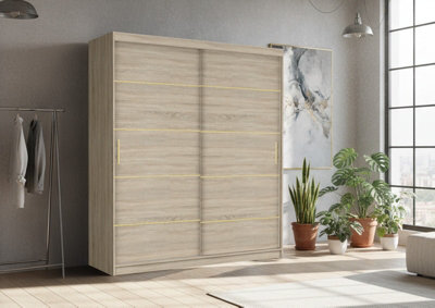 Fhif Lexiss Gold 203Cm Oak Modern Sliding Door Wardrobe Bedroom Storage With Shelves & Hanging Rail - image 1