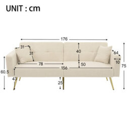 Btm Beige Floding Sofa Bed With Sherpa Fabric And Gold-Plated Legs  2 Cushions And Side Storage Pockets. - thumbnail 3