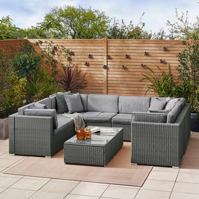 Furniturebox Orlando Grey Rattan Garden Sofa Modular Outdoor Patio Couch Seating - Table & 8 Chairs Garden Corner Sofa Set +Cover - image 1