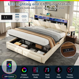 Btm 5Ft King Upholstered Bed With Hydraulic And Drawer Storage Adjustable Led Headboard Usb Ports Beige - thumbnail 8