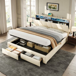 Btm 5Ft King Upholstered Bed With Hydraulic And Drawer Storage Adjustable Led Headboard Usb Ports Beige - thumbnail 4