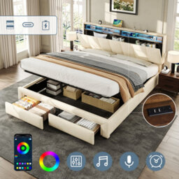 Btm 5Ft King Upholstered Bed With Hydraulic And Drawer Storage Adjustable Led Headboard Usb Ports Beige - thumbnail 1