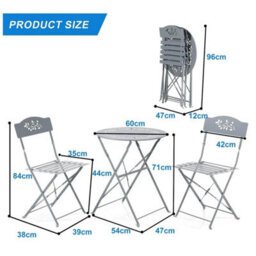 Grey Leaf 3 Pcs Metal Garden Outdoor Folding Chairs Table Bistro Furniture Set - thumbnail 4