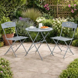 Grey Leaf 3 Pcs Metal Garden Outdoor Folding Chairs Table Bistro Furniture Set - thumbnail 2