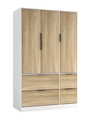 Urbn-Living Urbnliving 3 Door Wardrobe With 4 Drawers  Wooden Bedroom Storage Cupboard With Hanging Rail For Clothes - White Unit & Oak Doors - image 1