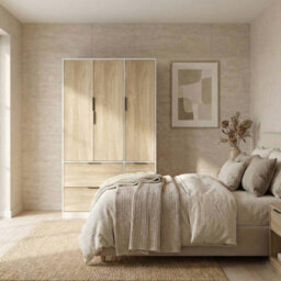 Urbn-Living Urbnliving 3 Door Wardrobe With 4 Drawers  Wooden Bedroom Storage Cupboard With Hanging Rail For Clothes - White Unit & Oak Doors - thumbnail 4