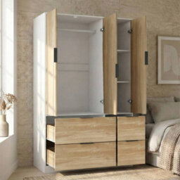 Urbn-Living Urbnliving 3 Door Wardrobe With 4 Drawers  Wooden Bedroom Storage Cupboard With Hanging Rail For Clothes - White Unit & Oak Doors - thumbnail 6