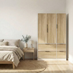 Urbn-Living Urbnliving 3 Door Wardrobe With 4 Drawers  Wooden Bedroom Storage Cupboard With Hanging Rail For Clothes - White Unit & Oak Doors - thumbnail 2
